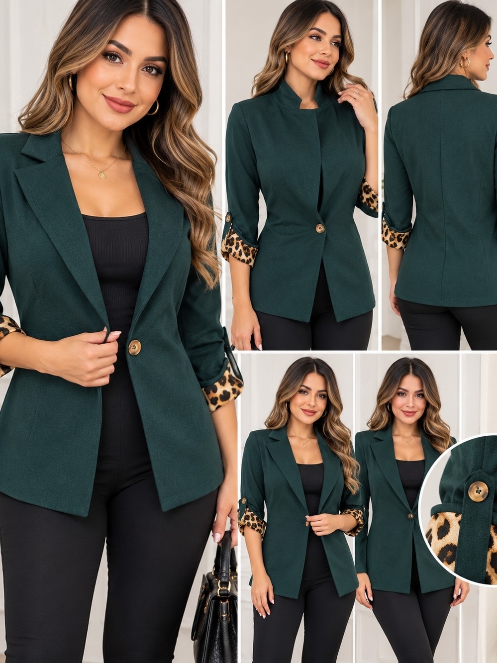 iris Deep Green Blazer with Leopard-Print Cuff